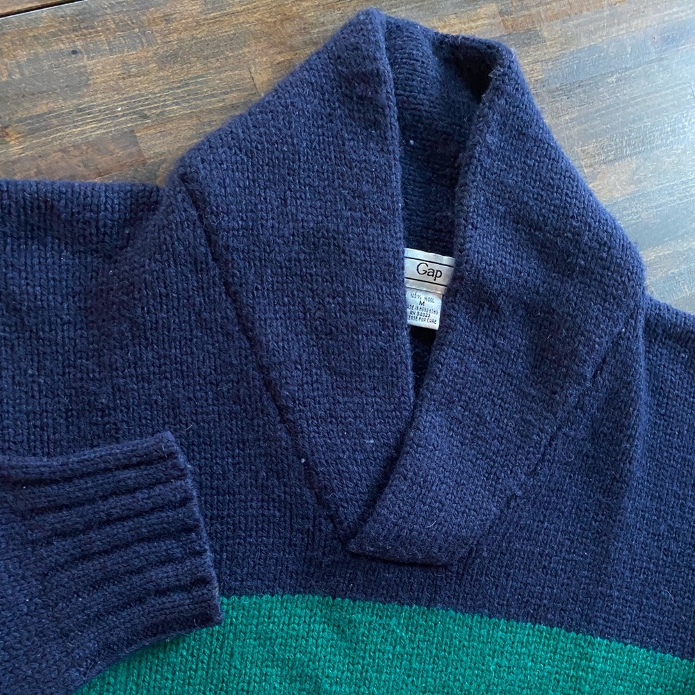Vintage 80s Gap 100% Wool Striped Shawl Collar Sweater Medium Cowl Neck Blue